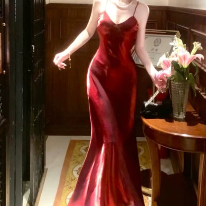 French Red Asymmetrical Waist Gown Dress – Elegant Evening Dress