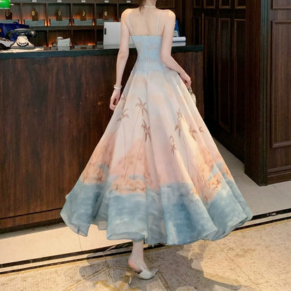 French Gradient Island Resort Gown Dress – Spaghetti Strap Vacation Dress