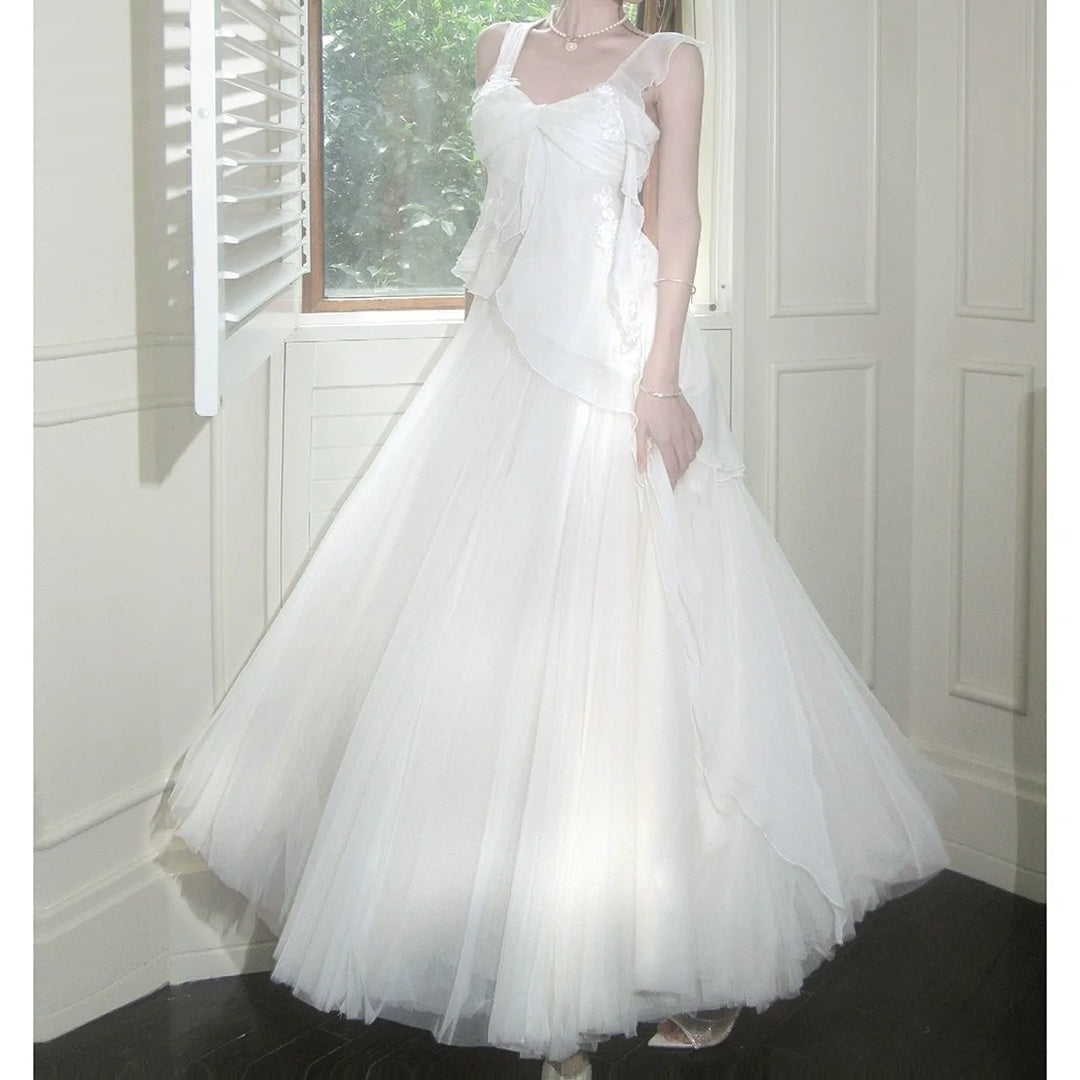 French One-Shoulder Satin Mesh Skirt Set Gown Dress