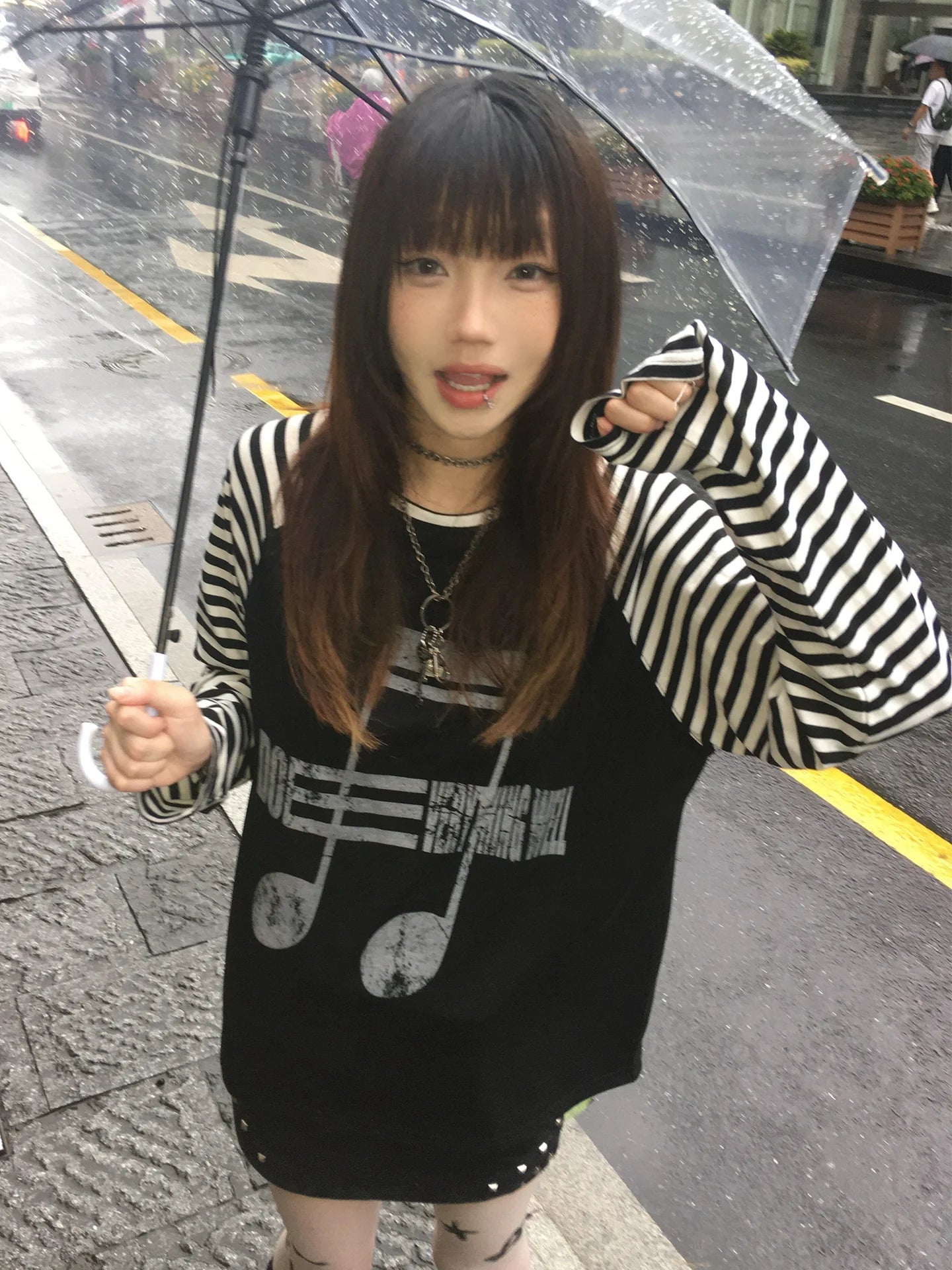 Y2K Dark Note Stripe Long Sleeve Top for Autumn