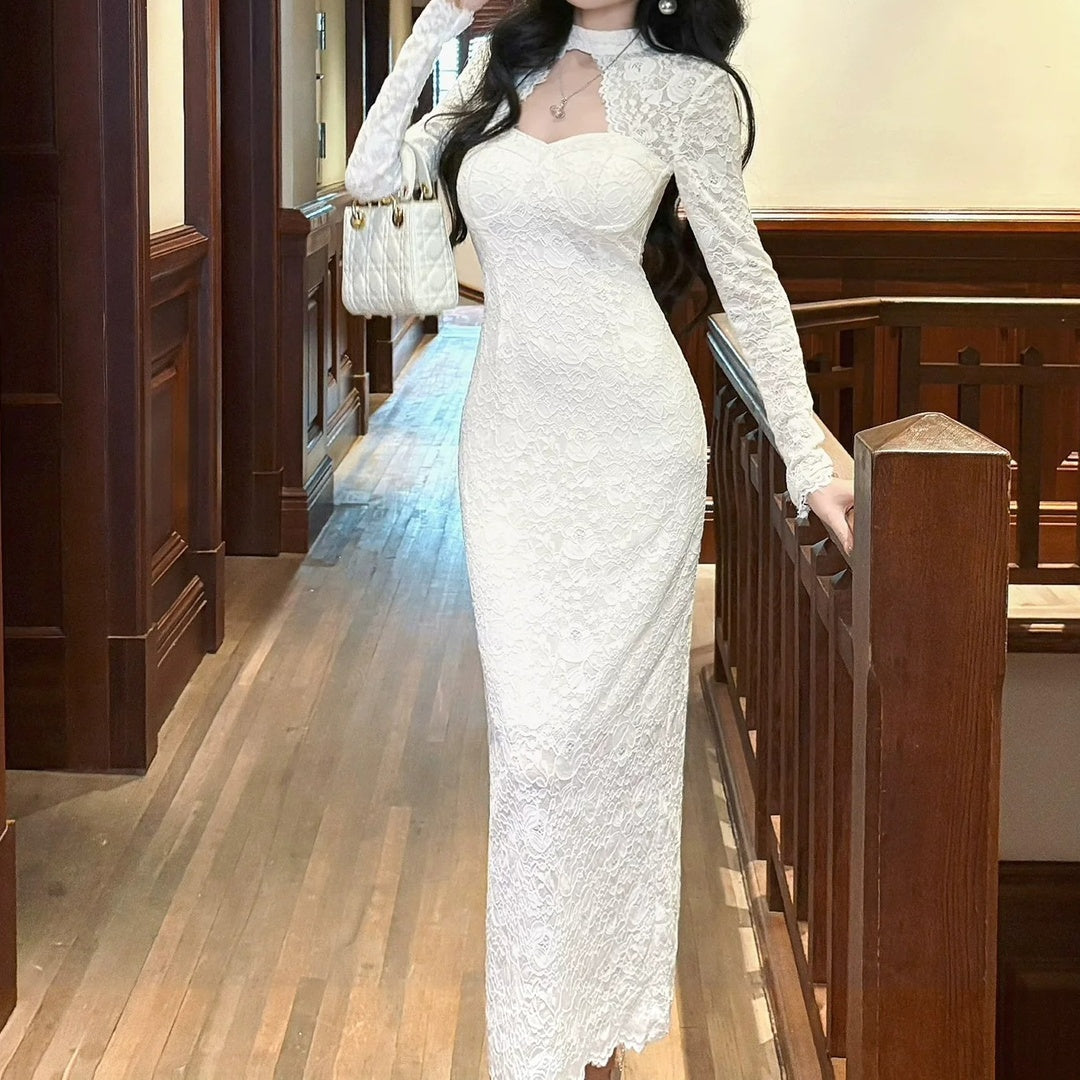 French Lace Cutout Long Sleeve Fall Gown Dress