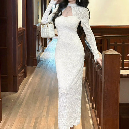 French Lace Cutout Long Sleeve Fall Gown Dress