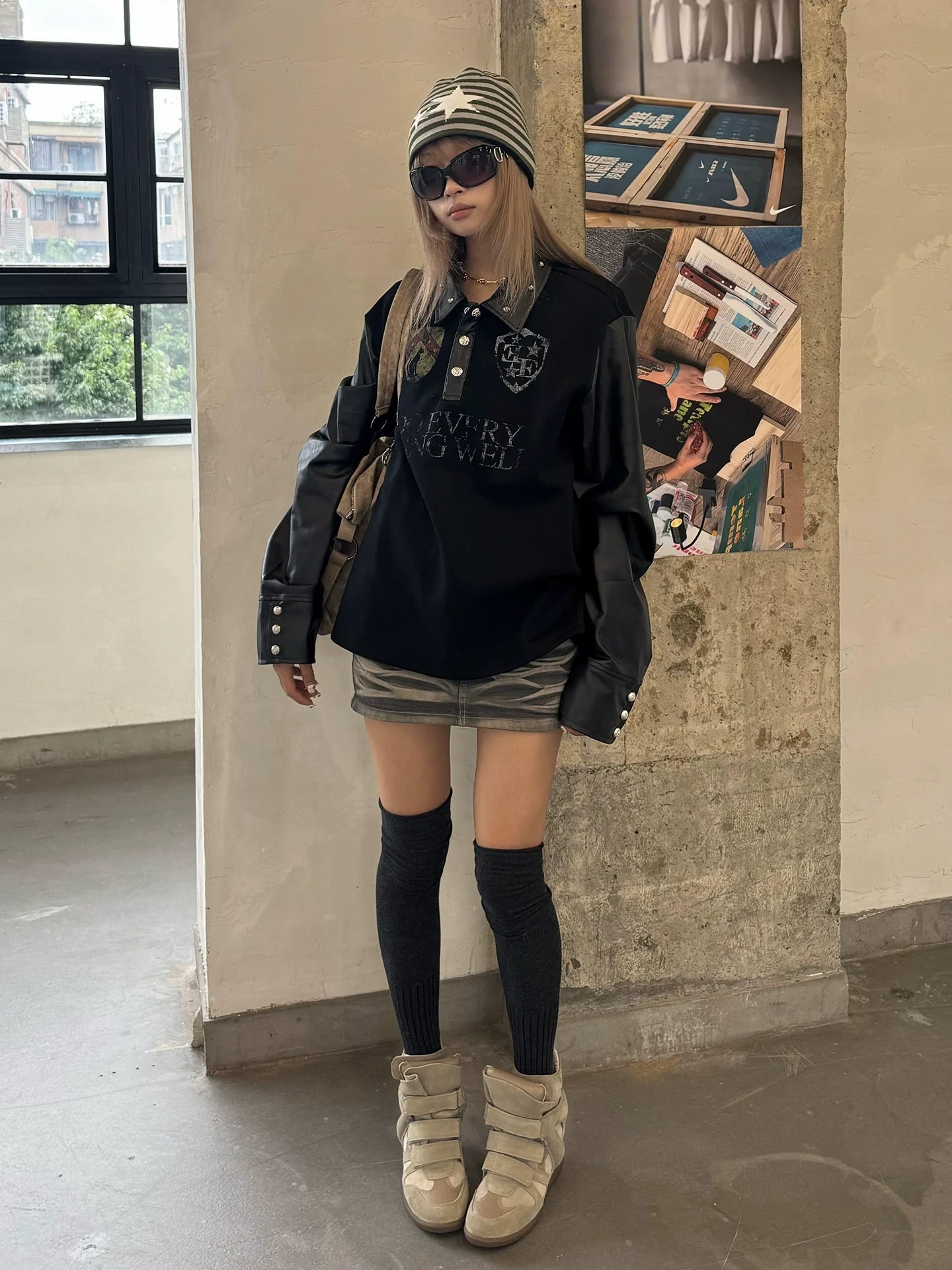 Visual Kei Polo Collar Sweatshirt Red Star Badge Print Long Sleeve Top