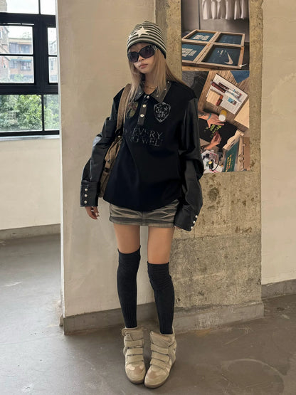 Visual Kei Polo Collar Sweatshirt Red Star Badge Print Long Sleeve Top