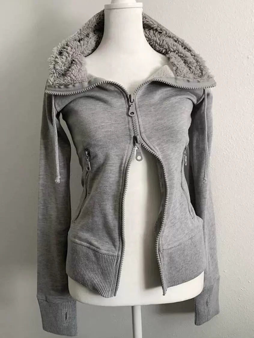 Gray Lamb Wool Double-Zipper Hoodie Subculture Y2K E-girl Vintage Autumn/Winter Waist-Cinched Slimming Top