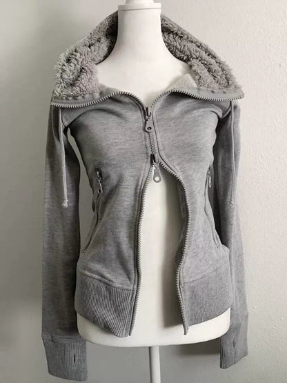 Gray Lamb Wool Double-Zipper Hoodie Subculture Y2K E-girl Vintage Autumn/Winter Waist-Cinched Slimming Top