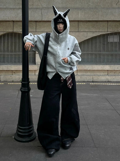 Retro Doberman Studded Zip Up Hoodie Loose Fit Streetwear Top