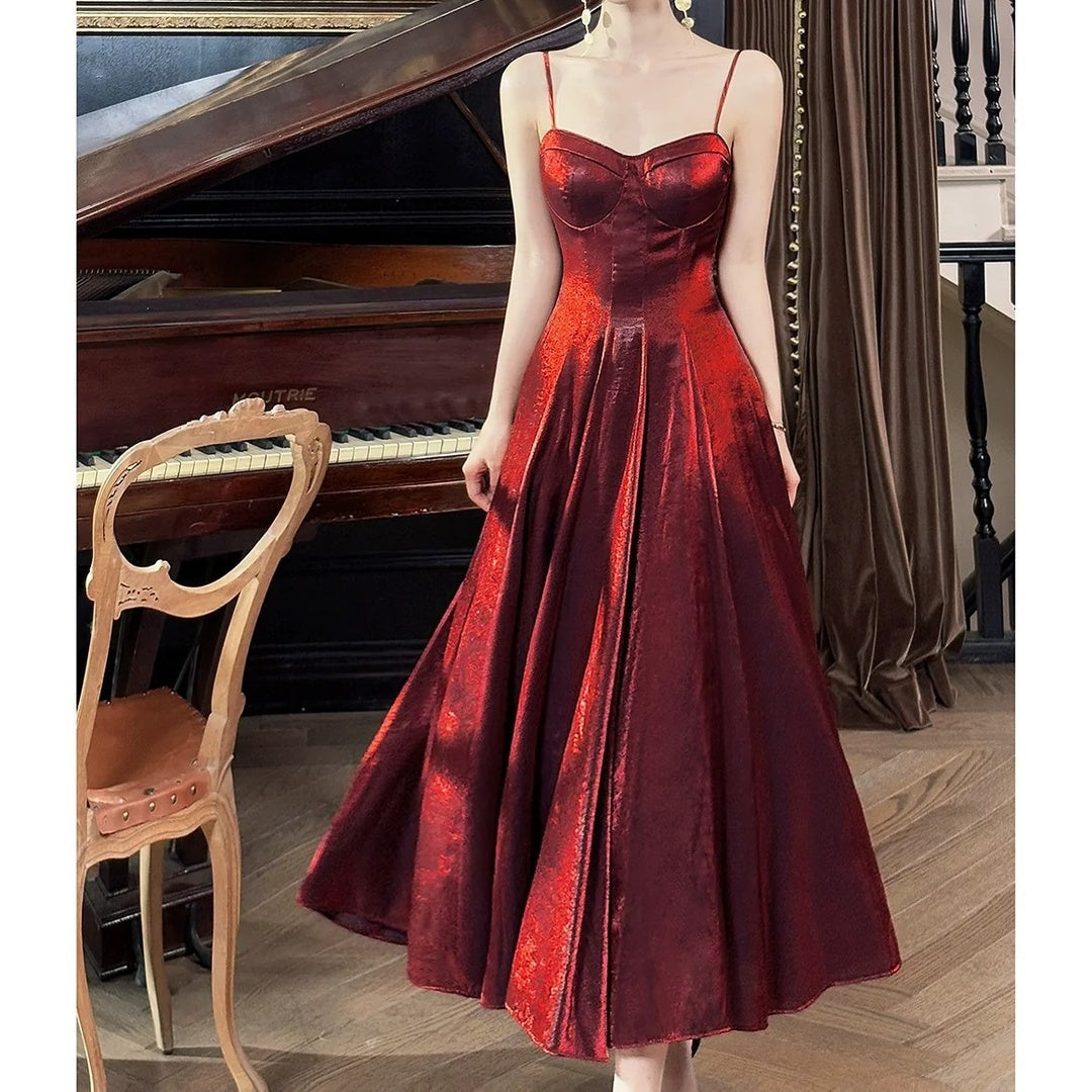 French Red Spaghetti Strap Luxury Gown Dress