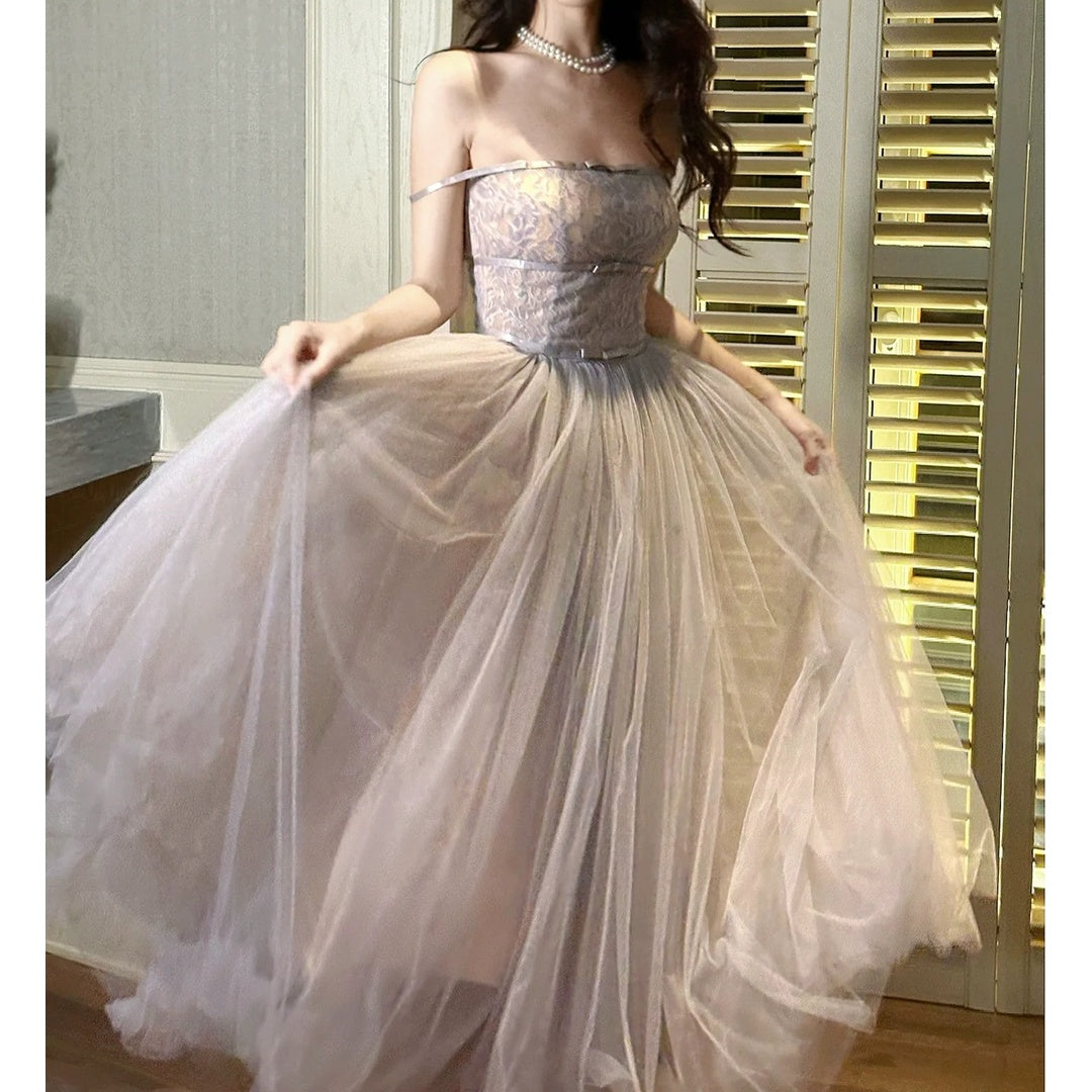 French Purple One-Shoulder Tulle Gown Dress