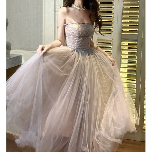 French Purple One-Shoulder Tulle Gown Dress