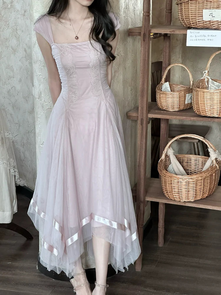 Smoky Pink Handcrafted Mesh-Lace Maxi Dress With Ribbons