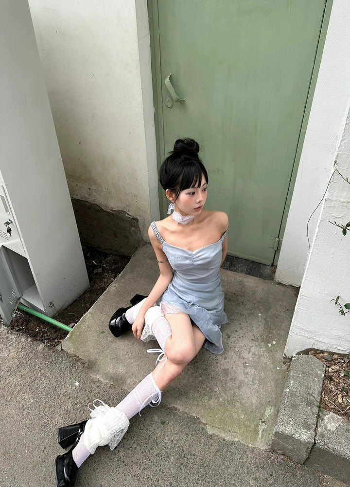 Soft Vibe Sheer Satin Off-The-Shoulder Ruffled Asymmetrical Hot Girl Summer Mini Dress