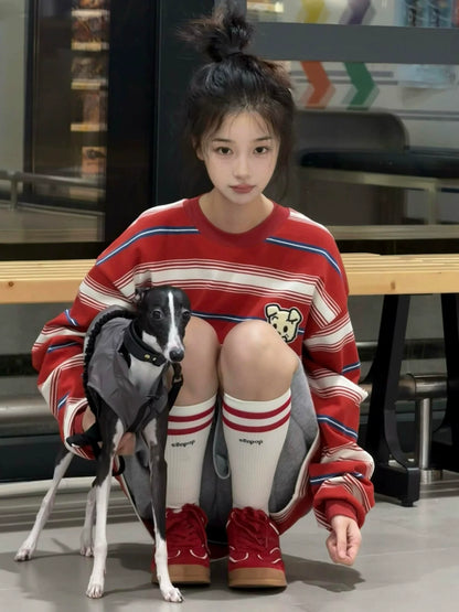 American Vintage Red Stripe Crewneck Sweatshirt  Casual Loose Fit College Long Sleeve Top