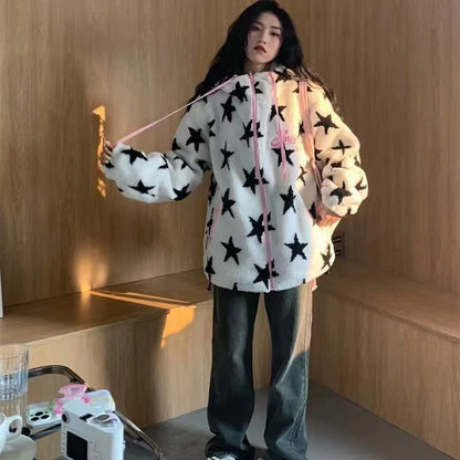 White Y2K Punk Star Lamb Fleece Hoodie