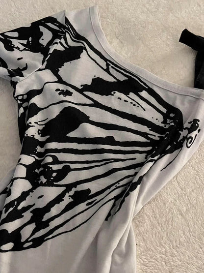 Gray Subculture Y2K E-girl Vintage Off-Shoulder Print Halter Short Sleeve Top