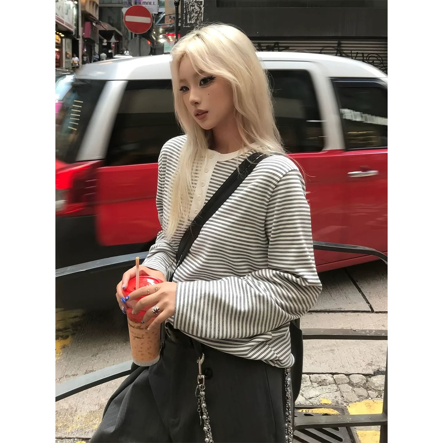 Retro Striped Henley Long Sleeve Top for Early Autumn