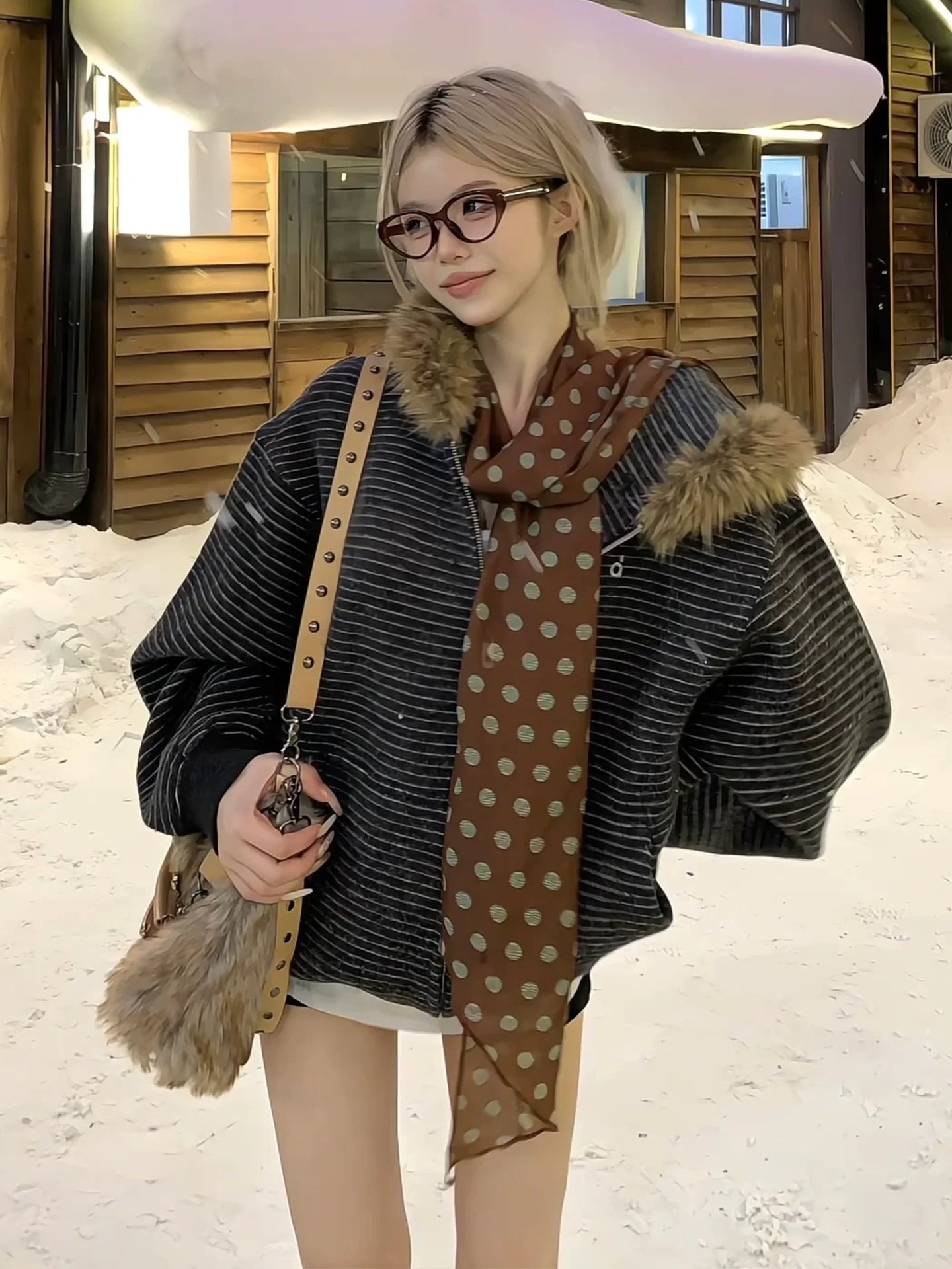 American Vintage Fur Collar Sweatshirt Jacket  Heavy Fleece Striped Outerwear Warm Loose Top