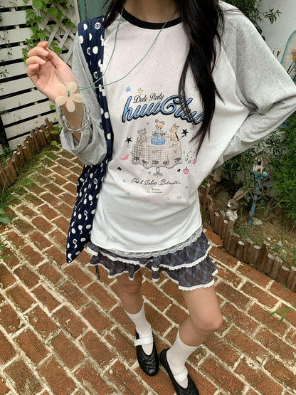 Korean Ambient Raglan Long Sleeve Tee Early Autumn Cartoon Print Lace Trim Loose Top
