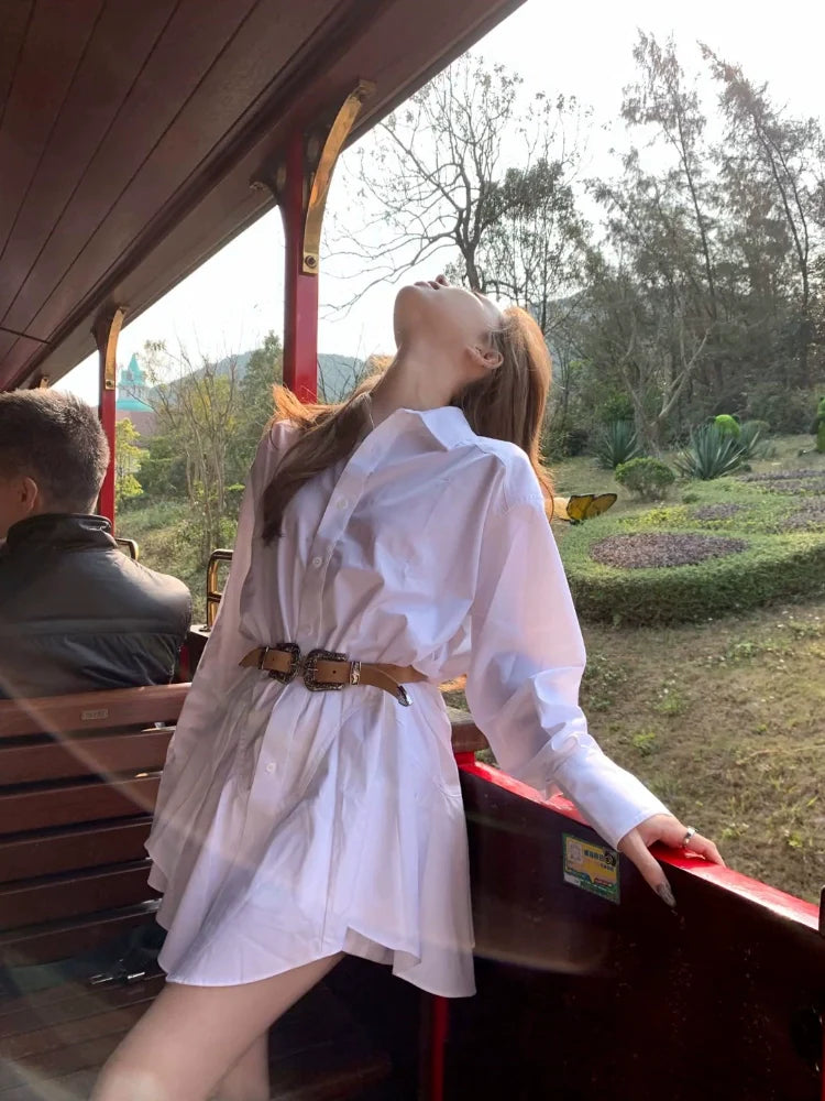 French White Collared Long-Sleeve Shirt Waist-Cinched Mini Dress