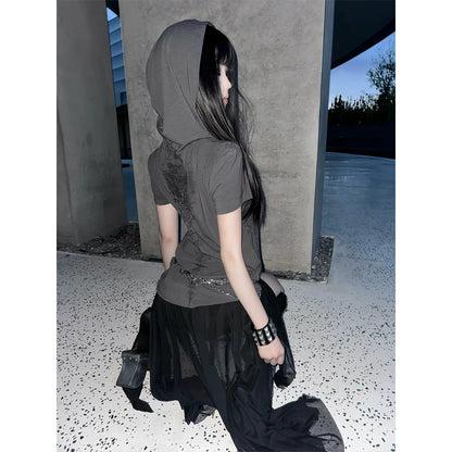 Punk Visual Kei Short Sleeve Hoodie Sketch Print Shoulder T Shirt