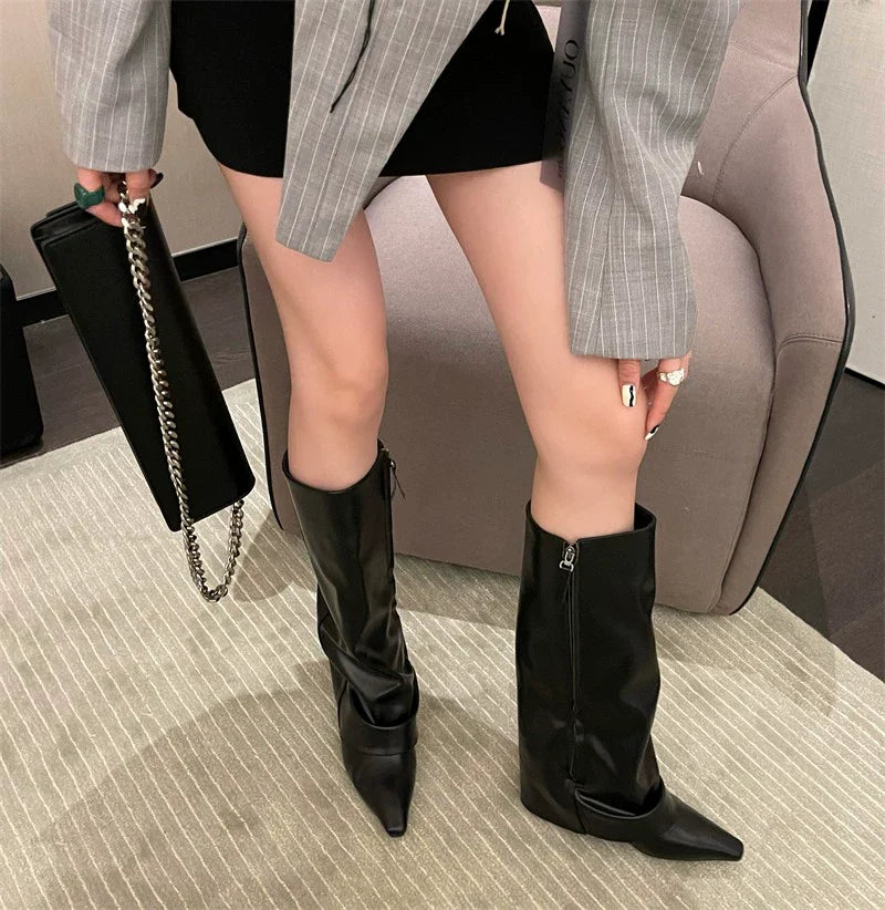 Wedge Trouser Boots High Heel Knee High Women European Spicy Girl Pointed Toe Black Patent Leather Trouser Boots