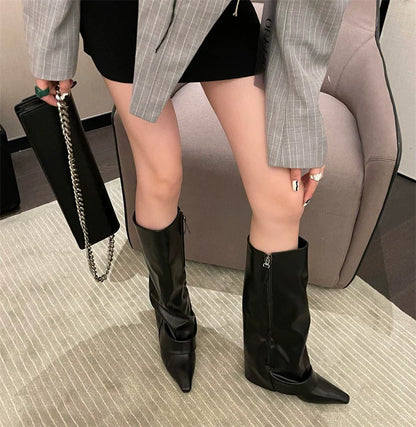 Wedge Trouser Boots High Heel Knee High Women European Spicy Girl Pointed Toe Black Patent Leather Trouser Boots