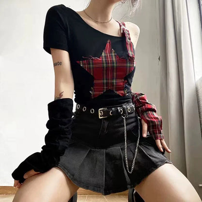 Black (With Arm Sleeves) Subculture Punk Y2K E-girl Gypsy-Style Plaid Asymmetrical Off-Shoulder Top