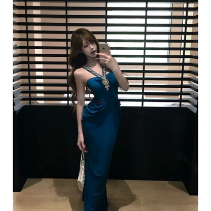 Purple Tulle-Paneled Rhinestone Halter Mermaid Maxi Dress