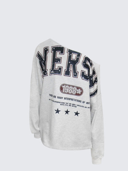 Vintage Number Print Off-Shoulder Hoodie