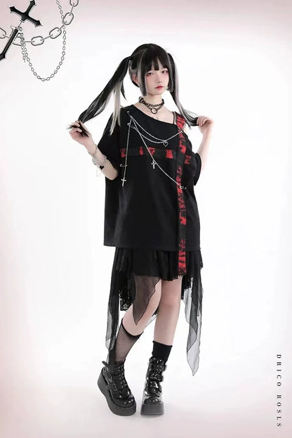 Black Subculture Punk Y2K E-girl Dark-Style Black & Red Cross Off-Shoulder Oversized Short Sleeve Top