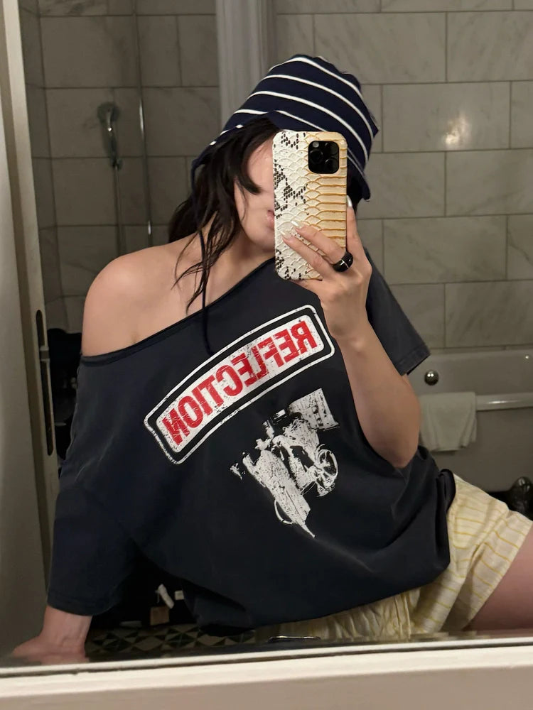 Distressed Letter Print Asymmetric Top for Summer