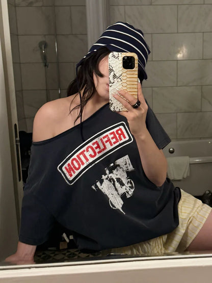 Distressed Letter Print Asymmetric Top for Summer