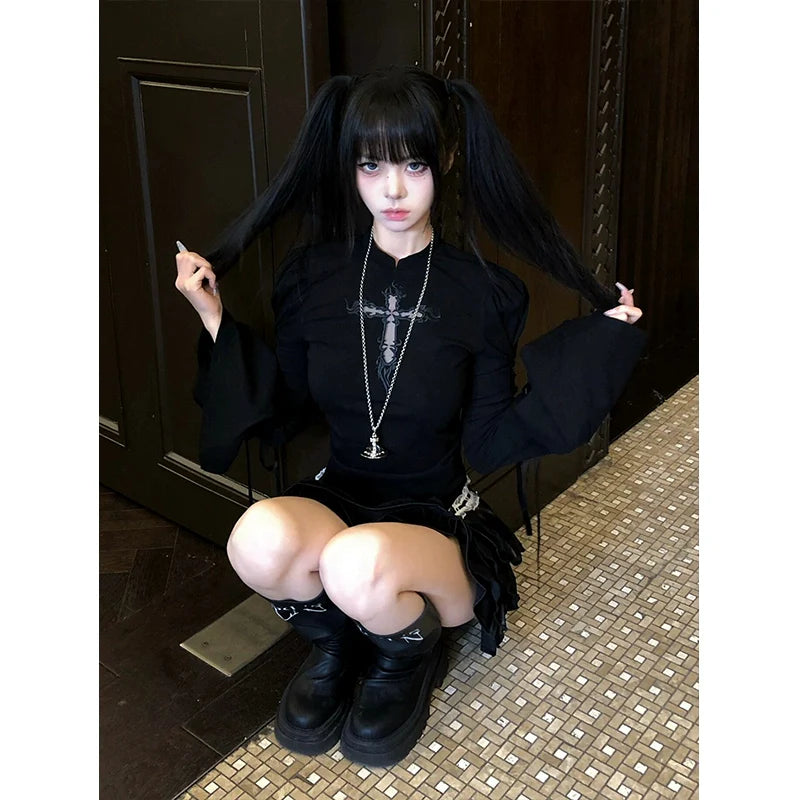 Y2K Flared Embroidered Lace-Up Long Sleeve Top for Early Autumn