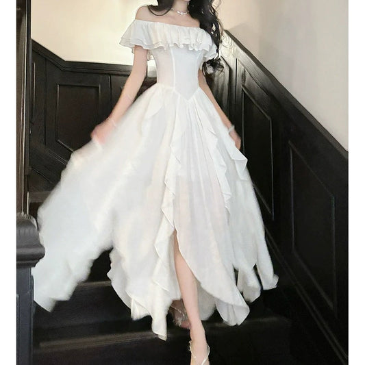 White Butterfly Ruffle Dress High-End Puff Sleeve Gown
