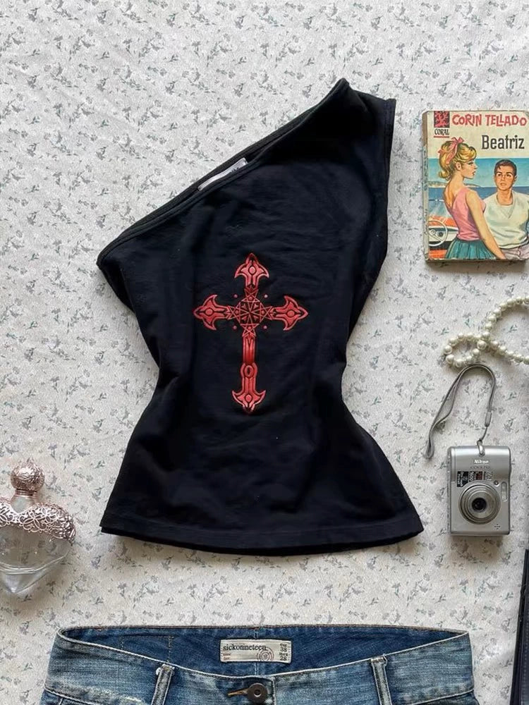 Black Subculture Y2K E-girl Shibuya Girl Retro Cross Print One-Shoulder Tank Top