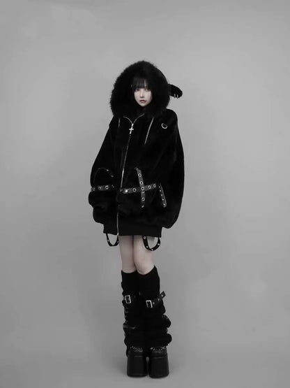 Black Subculture Dark Punk Y2K E-girl Lamb Ear Fleece Hooded Jacket