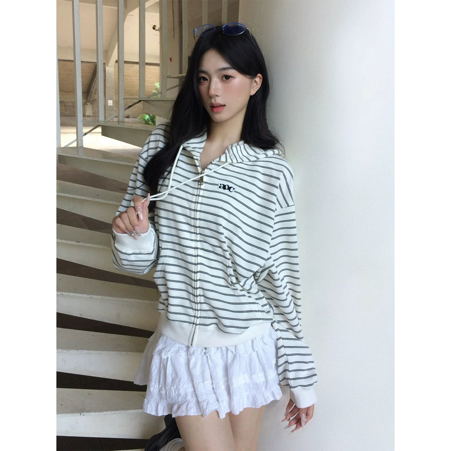 Korean Lazy Chic Striped Hoodie Cropped Zip-Up Sweatshirt