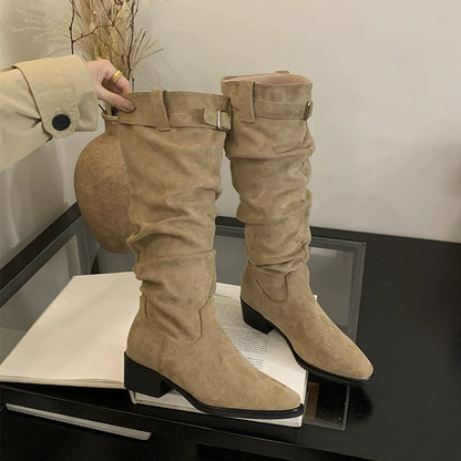 Suede Square Toe Slouchy Womens Boots Fall Winter New Buckle Chunky Heel Knee High Slimming Biker Boots