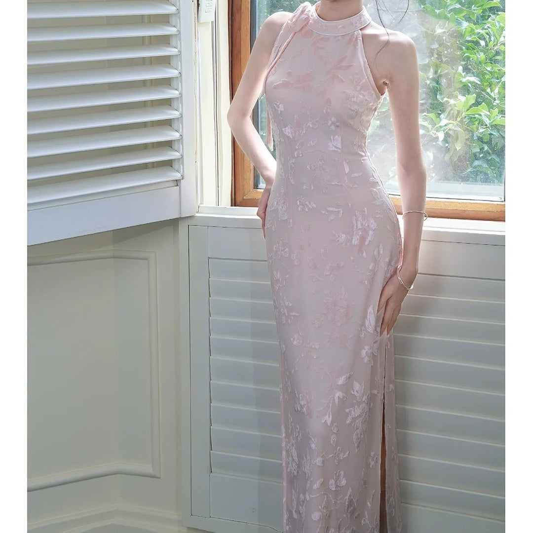 Modern Chinese Pink Jacquard Halter Gown Dress with Slit