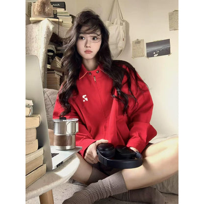 American Vintage Red Zip Jacket Lightweight Casual Outerwear