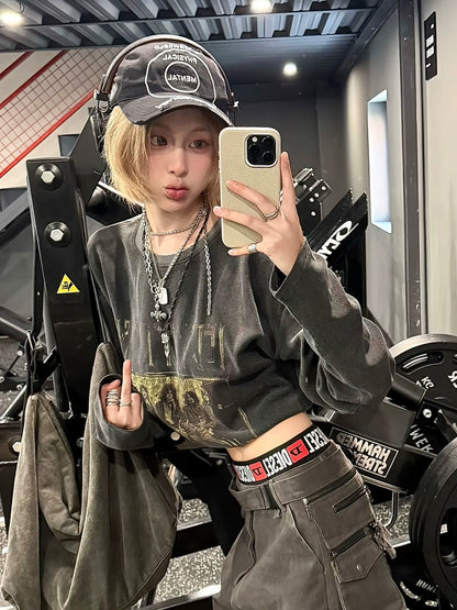 American Vintage Waffle Long Sleeve Tee Heavy Washed Retro Top