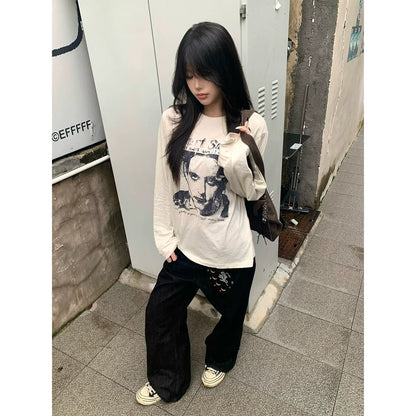 American Retro White Long Sleeve Tee Distressed Portrait Print Top