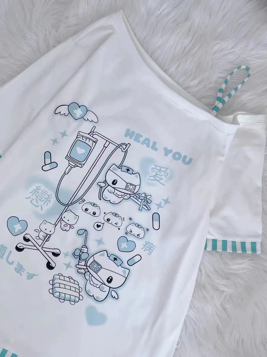 Light Blue (Mizuiro) Subculture Y2K E-girl Nurse Cat Striped Asymmetrical-neck Print Oversized Top