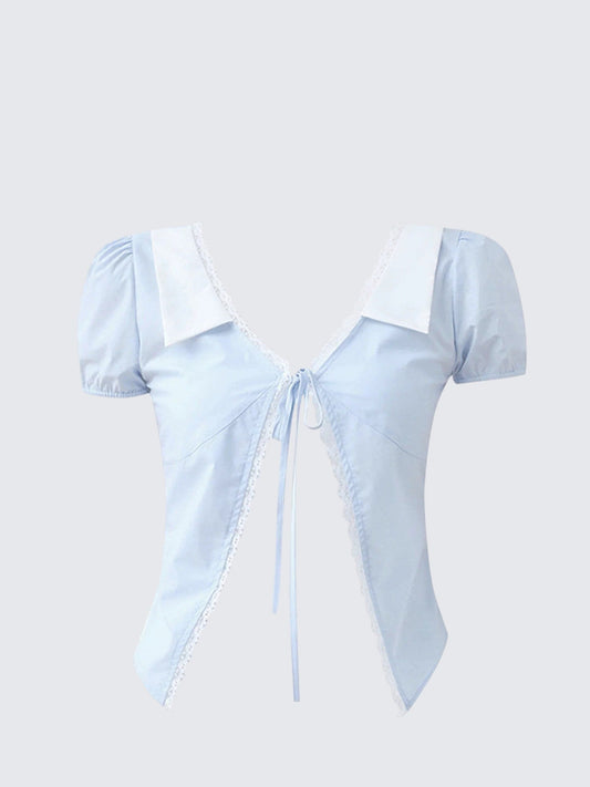 Korean Blue Tie Short Sleeve Shirt
