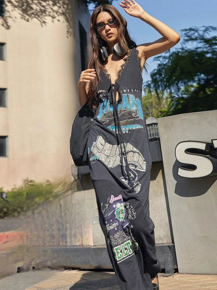 Y2K E-girl Unique Print V-Neck Tie-Waist Maxi Dress