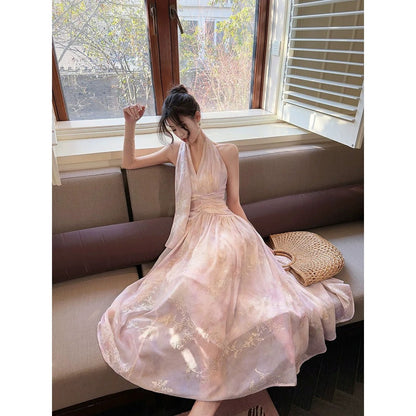 French Embroidered Floral Halter Beach Gown Dress