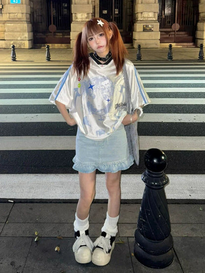 American Retro Jersey Tee Summer Anime Girl Print Loose V-Neck Top