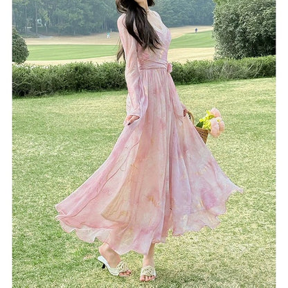Pink Floral Chiffon Gown Prom Dress