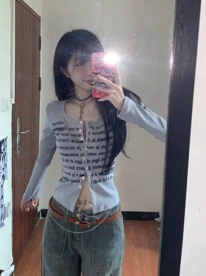 Gray Letter Print Light Subculture Y2K E-girl American Retro Long Sleeve Top