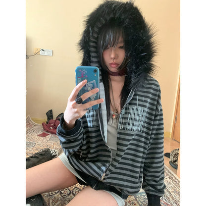 Y2K Faux Fur Collar Stripe Hoodie for Autumn Winter